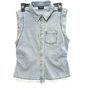 Fate Sleeveless Top Blue Faded Denim Shirt Button Up Boho Casual Women's Small